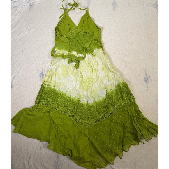 Advance Apparel Green Boho Halter Dress Tie Dye Embroidered Free Size - Picture 6 of 8